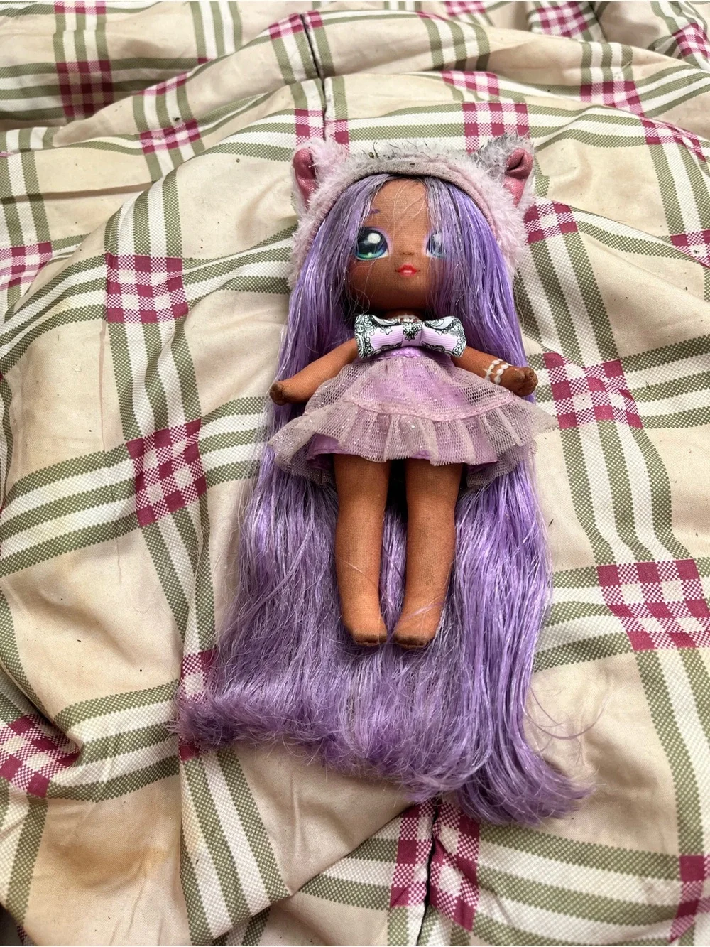 Purple-Long Hair Plush Doll with Tulle Dress and Fuzzy Ear Hood